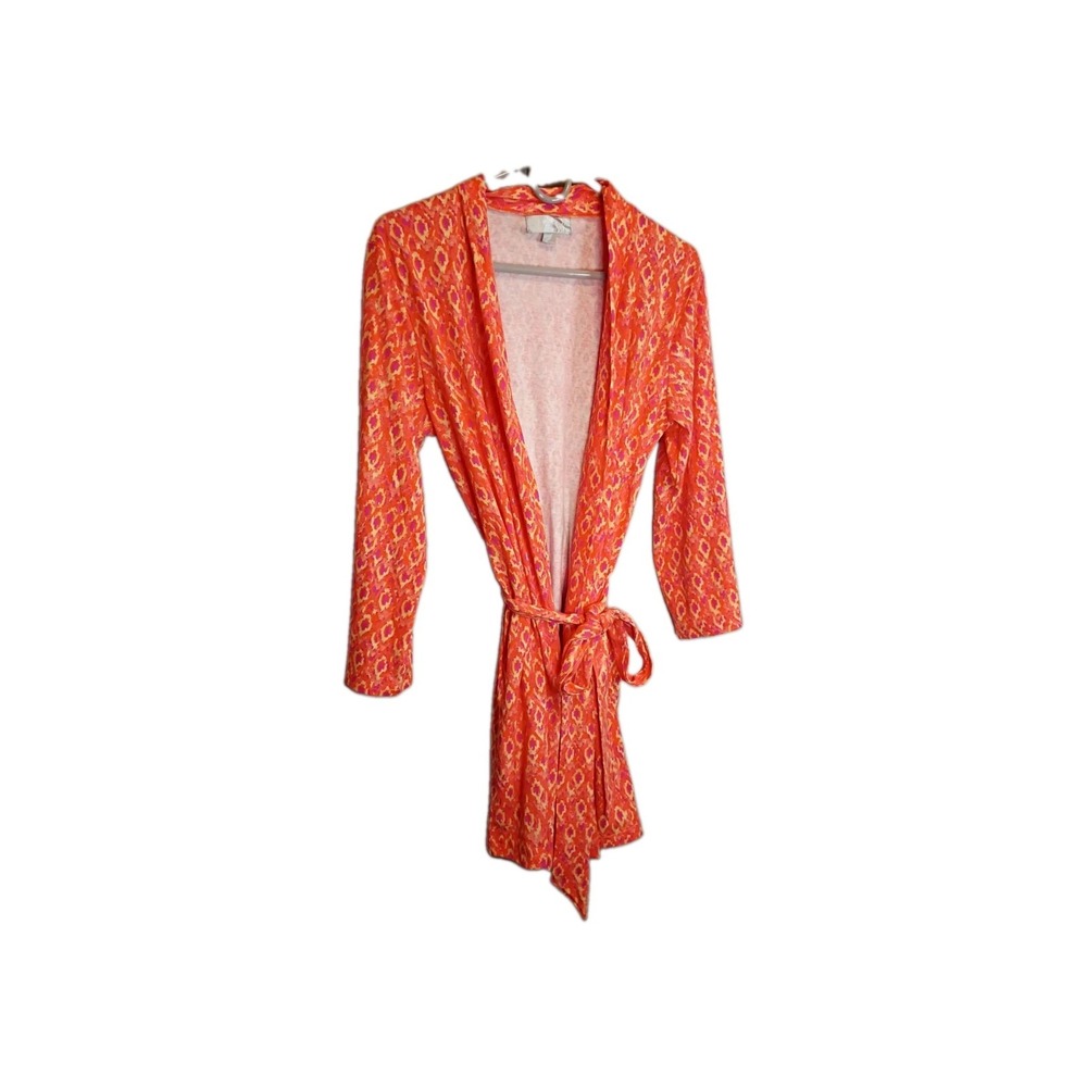 Alexander Del Rossa Women M Orange Pink Graphic Print Short Kimono Robe Pockets